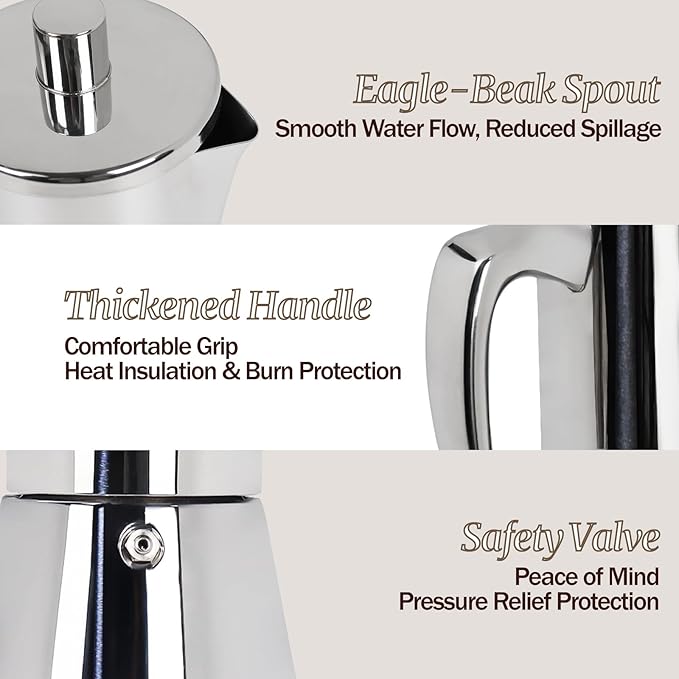 6 Cup Thickened Moka Pot 304 Stainless Steel 300ml Italian Espresso Coffee Maker Stovetop CoffeeMakers Mocha Pot Percolator for Induction Stove Classic Cafe Makers Portable for Easy Brewing