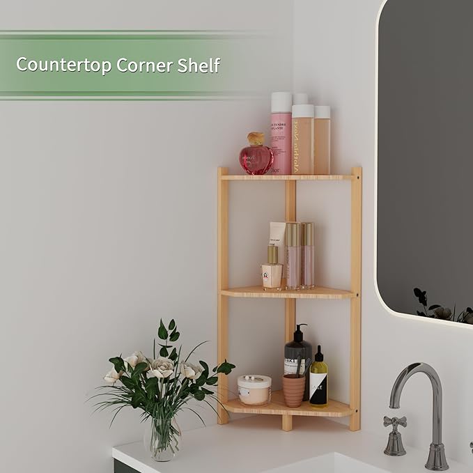 Wisuce Corner Shelf, 100% Real Bamboo Shower Corner Shelves Free Standing Shelf Storage Organizer for Bathroom Living Room Kitchen (Natural, 3 Tier)