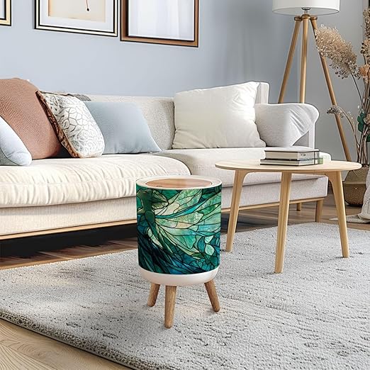 Trash Can with Lid Ethereal Fairy Floral Stained Glass Jewel Tones Press Top Round Small Garbage Bin with Wooden Legs Waste Basket for Kitchen Bedroom Nursery 7L/1.8 Gallon