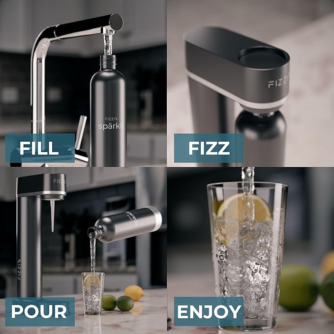 Stainless Steel Black Sparkling Water and Soda Maker Machine with 3 Black Stainless Steel 1L Re-Usable Bottle