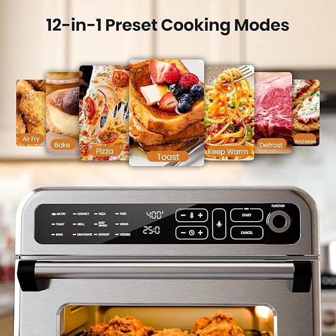 Kismile 18QT Air Fryer Toaster Oven Combo, 12-in-1 Countertop Convection Airfryer Oven, Adjustable 70–450℉ Temperature, Bake, Roast, Reheat & Broil, Fits 8-10″ Pizza, Complete Accessories Included