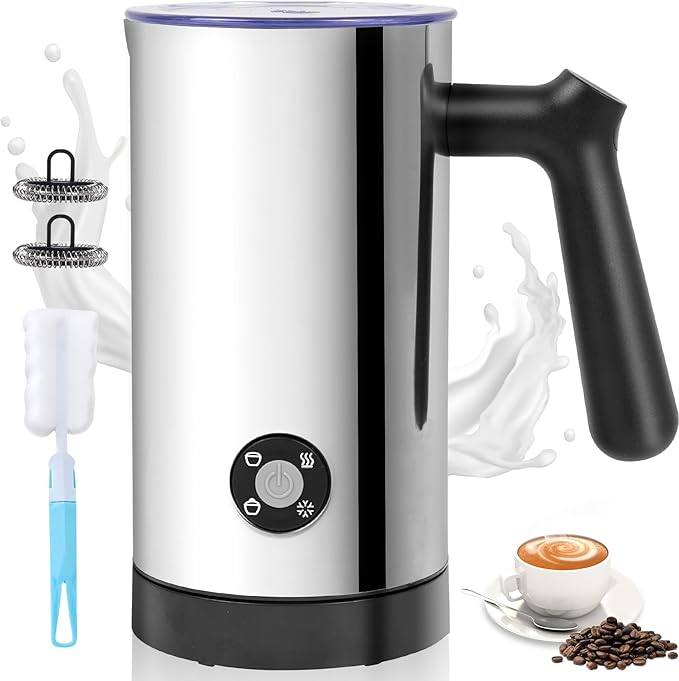 Milk Frother, 4-in-1 Milk Frother and Steamer, 10.6oz Electric Milk Steamer, Automatic Cold and Hot Foam Maker for Lattes, Cappuccinos, Ceramic Lining Interior (Polished)