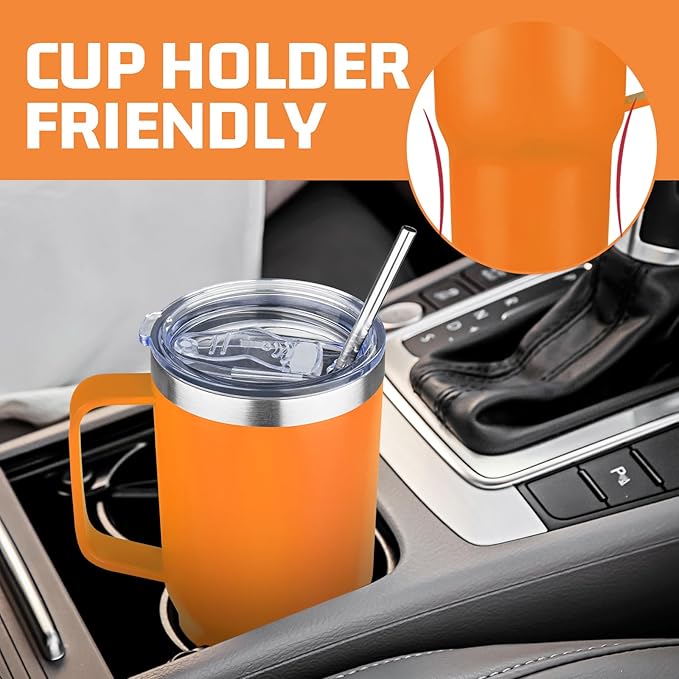 20 oz Tumbler with Handle Stainless Steel Insulated Coffee Mug Tumbler with Lid and Straw Double Wall Vacuum Insulated Coffee Mug Leak Proof Travel Tumbler for Hot and Cold Drink (Orange,1pack)