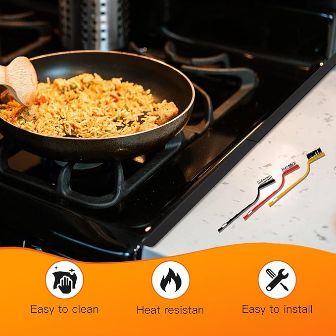 Stove Gap Covers Stainless Steel 2PC(0.08"–0.7"W,13.8"–27.5"L)+4PC Gas Burner Covers+2PC Oven Liners+30"(2x15") Silicone Magnetic Stove Shelf|Universal Gas Stove Accessory Bundle Bonus 3 Brushes