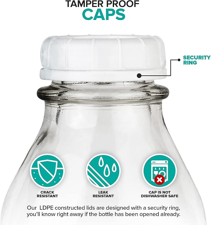 Stock Your Home Liter Glass Milk Bottle with Lid (3 Pack) 32 Oz Jugs and 6 White Caps, Reusable Food Grade Milk Container for Refrigerator, Bottles for Juice, Oat or Plant Milks, Water, Honey