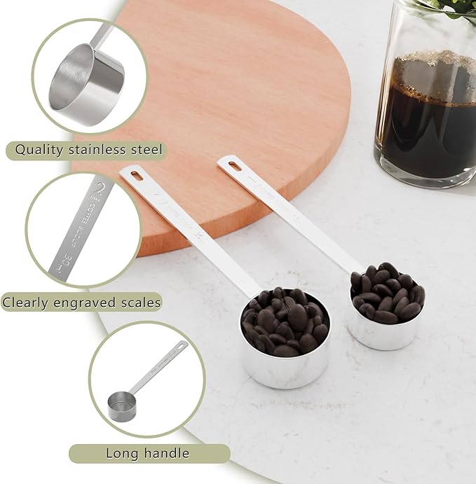 LEIFENY 2PCS 2 Tablespoon Coffee Scoop, Long Handle Measuring Spoon, Two tbsp (30ml, 1/8cup) Stainless Steel Scooper