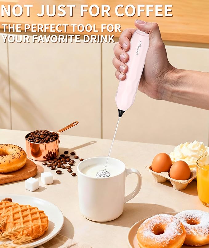 MEIRUBY 2-Pack Milk Frother Handheld with Stand, Valentines Day Gifts for Him and Her, Powerful Electric Coffee Frother, Coffee Lover Gift for Lattes, Cappuccino, Matcha & Hot Chocolate, White/Pink
