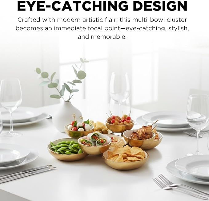 Cluster of 9 Serving Bowls, One-Piece Set, Gold White Brass Multi-Bowl Display Tray for Snacks Nuts Chips Appetizers, Modern Home Entertaining Centerpiece Dining Parties Housewarming Wedding Gifts 11"