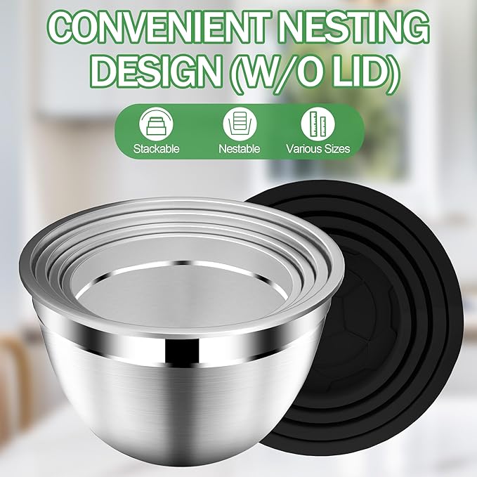 DUTZUN Mixing Bowls with Lids Set, Stainless Steel Mixing Bowls with Colander, Strainer with Mixing Bowl Set, Serving Bowl Kitchen Gift, Size 4.5, 2.5, 2, 1.5QT - Black