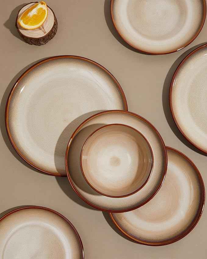 24 Piece Dinnerware Sets for 8, Modern Stoneware Plates and Bowls Sets, Perfect for Family Gatherings & Holiday Celebrations, Easy Cleaning Dish Set, Stack Compactly Dinner Set, Brown Yellow