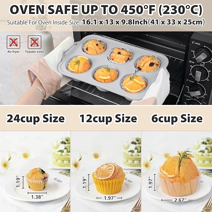 3Pcs Silicone Muffin Pan 6, 12 and 24 Cup with Metal Frame, Non Stick Jumbo Cupcake Pan with Handles, BPA Free Silicon Mini Muffin Tin Regular Tray For Baking,Egg Bites,Mold Light Grey