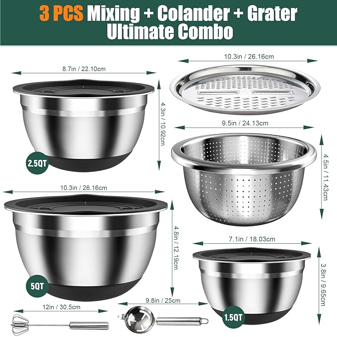 Stainless Steel Mixing Bowls Set with Lids & Silicone Base - 7-Piece Kitchen Gadgets Includes Colander, Grater, Egg Separator, Whisk - Nesting Bowls (1.5, 2, 2.5, 4.5 QT), Dishwasher Safe, Black