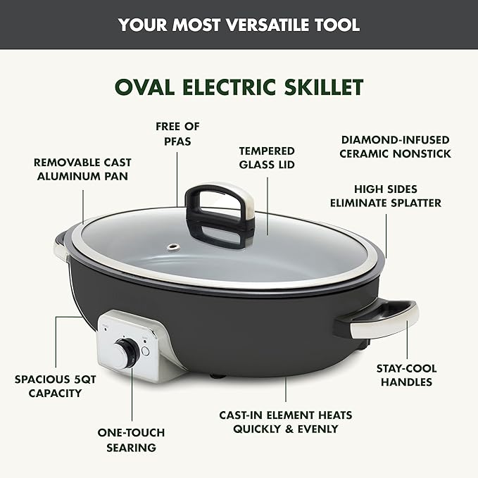 GreenPan Elite 5.5QT Electric Oval Skillet, PFAS-Free Ceramic Nonstick, 1800 Watt, Dishwasher Safe Lid & Removable Crock, Adjustable Temp Control, Multi-Cooker, Sear, Sauté, Rice, Stir-Fry, Black