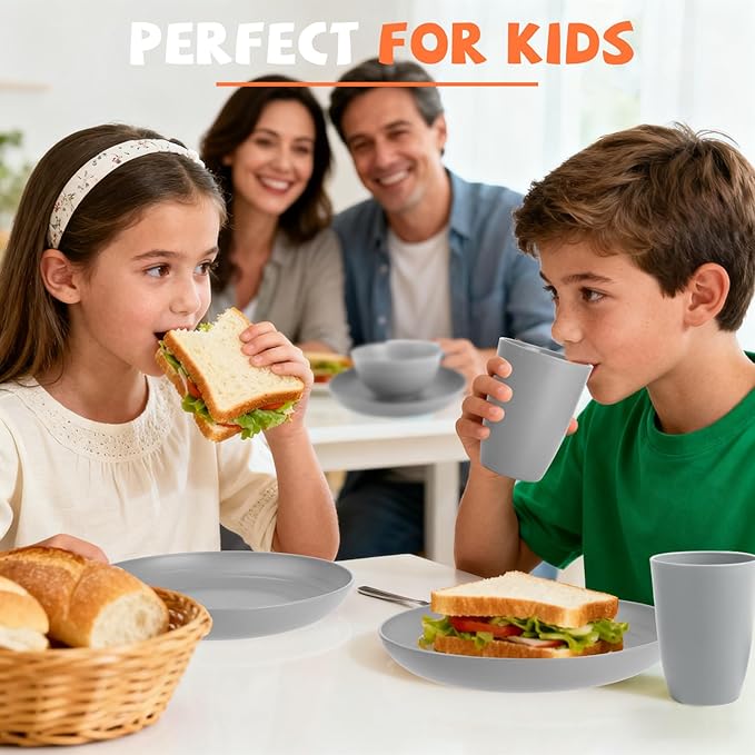 Wheat Straw Dinnerware Sets, 20 PCS Service for 4, Dishwasher & Microwave Safe Kids Plates and Bowls Sets, Unbreakable Lightweight Outdoor Camping Dishes - Gray