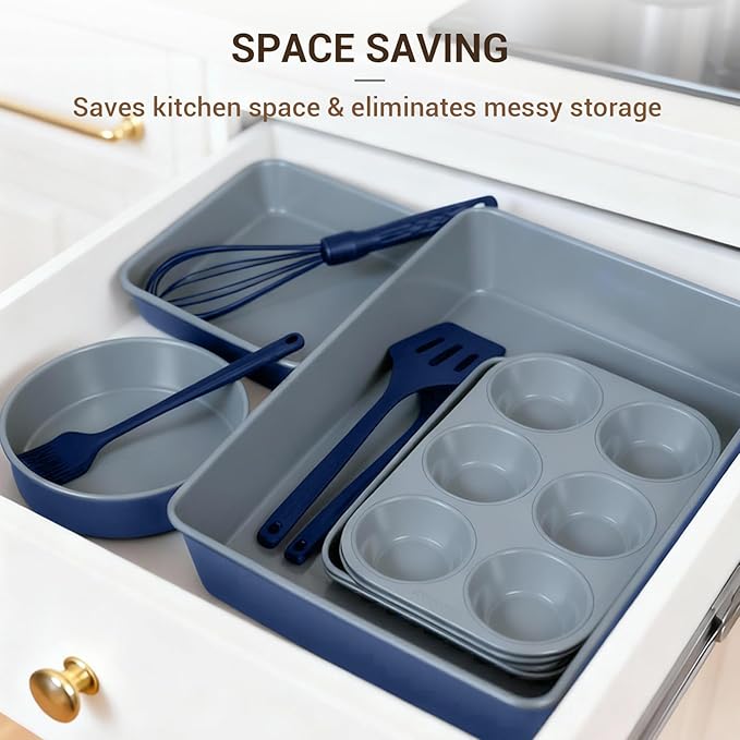 Ammeloo 22-Piece Baking Pans Set Stackable Bakeware Non Stick Baking Set Non Toxic Oven Pans, Including Roasting Pan, Cookie Sheets, Muffin Pans, Cake Pans, Oven Mitts and Utensils(Gray & Navy Blue)
