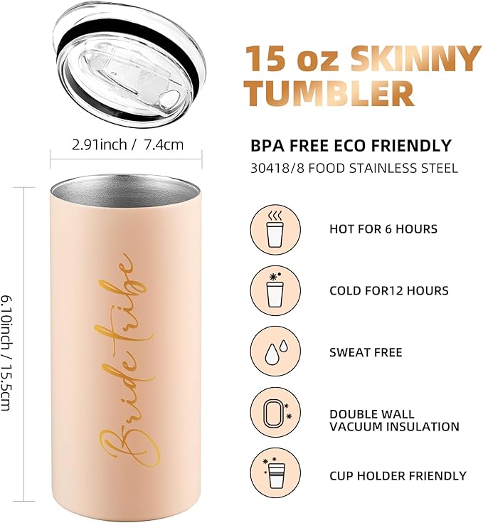 Bride Tribe Gifts Set of 4 Cups Bachelorette Party Favors Wedding Gifts for Bridesmaid Bride Stainless Steel Skinny Tumbler with Lid and Straw 15 OZ Pink