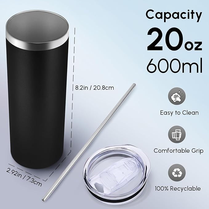 Volhoply 8 Pack Skinny Tumblers with Lid and Straw, 20oz Stainless Steel Straight Tumbler Bulk, Vacuum Insulated Coffee Mug for Home, Office, Travel, DIY (Assorted,8 Pack)