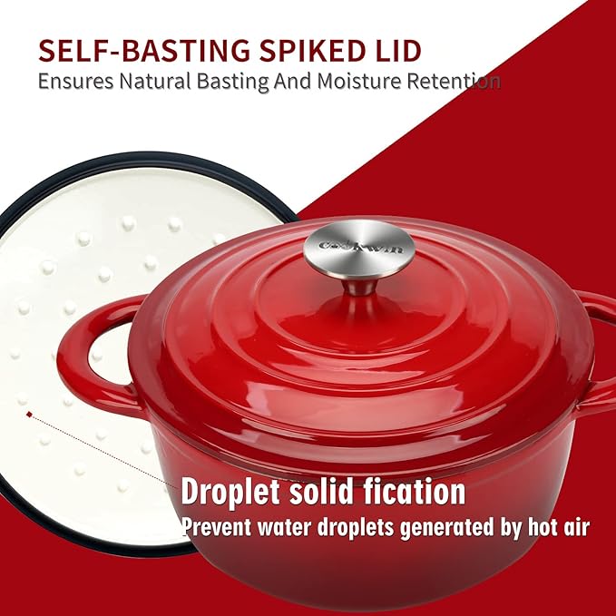 Enameled Cast Iron Dutch Oven, 4.5QT Heavy Duty Cooking Pot with Lid, Oven Safe up to 500° F for Sourdough Bread Baking, Braising, Stew, Family And Friends Best Gifts, Red