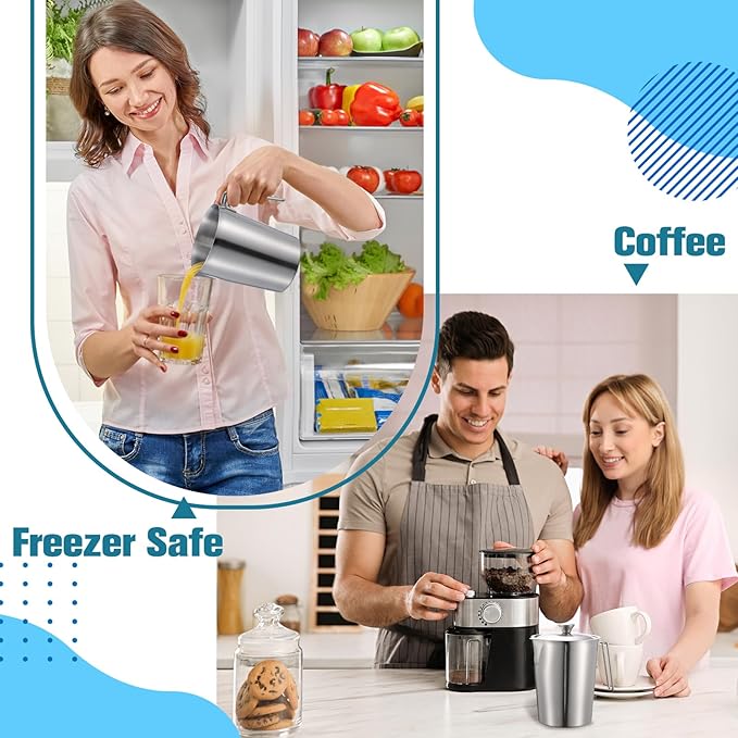 2 Pcs 2 L/70 oz Large Stainless Steel Pitcher with Lid, Metal Measuring Cup, Large Mouth Graduated Beakers with Handle, Milk Frothing Jug for Espresso Machine, Latte Art, Hot/cold Water