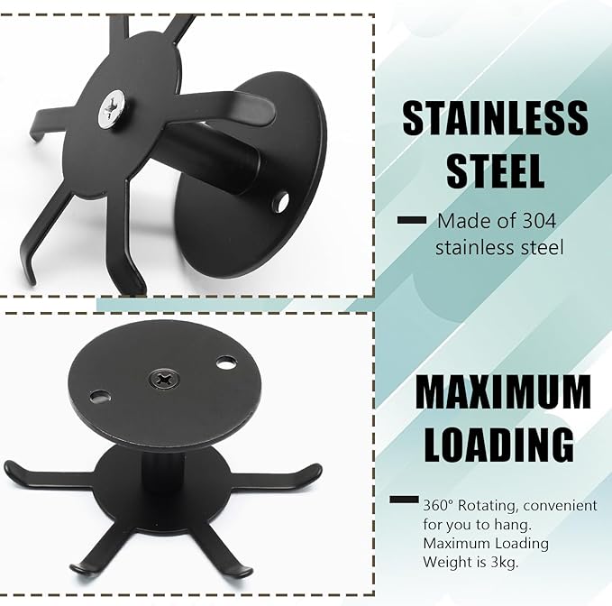 Zorfeter Under Cabinet Kitchen Utensil Hooks, Stainless Steel Utensil Racks 360°Rotating Drilling Free Adhesive Utensils Hanging Rack Holder, Black