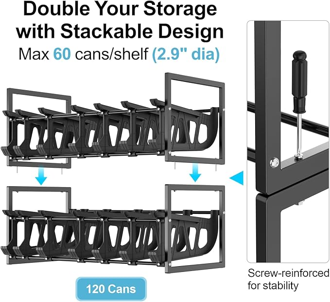 iSPECLE Expandable Can Organizer for Pantry, Large Capacity 60 Cans Can Storage Organizer Pantry Rack, Auto Rolling Dispenser & Stackable Metal Wire Holder for Deep Pantry Shelves, Black
