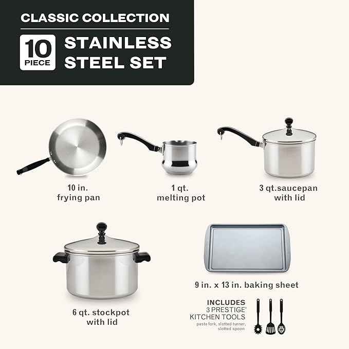 Farberware Classic Series Stainless Steel Pots and Pans with Baking Sheet Pan, Cooking Tools, and Lids, Induction Ready, Dishwasher Safe, 10 Piece Cookware Set, Metal Utensil Safe - Stainless Steel
