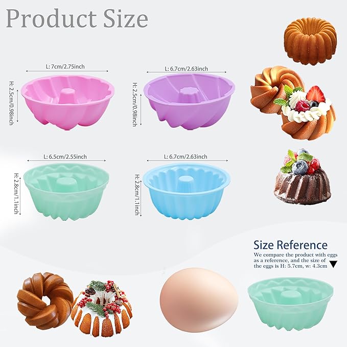 Tongjude 48 Pieces Donut Mold, 2.75" Diameter 0.98" Deep Mini Reusable Baking Cups, Non-Stick, 4 Shape Silicone Molds, Heat Resistant Bakeware for Bagel, Muffin, Jello and Cake Baking