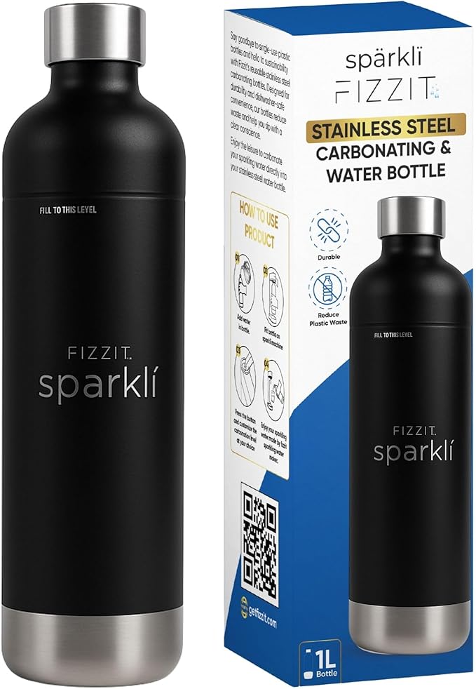 FIZZIT Black Stainless Steel Carbonation Bottle | Compatible with Some Soda Makers | Reusable Sparkling Water Bottle, Dishwasher Safe, BPA-Free (SSB-B)