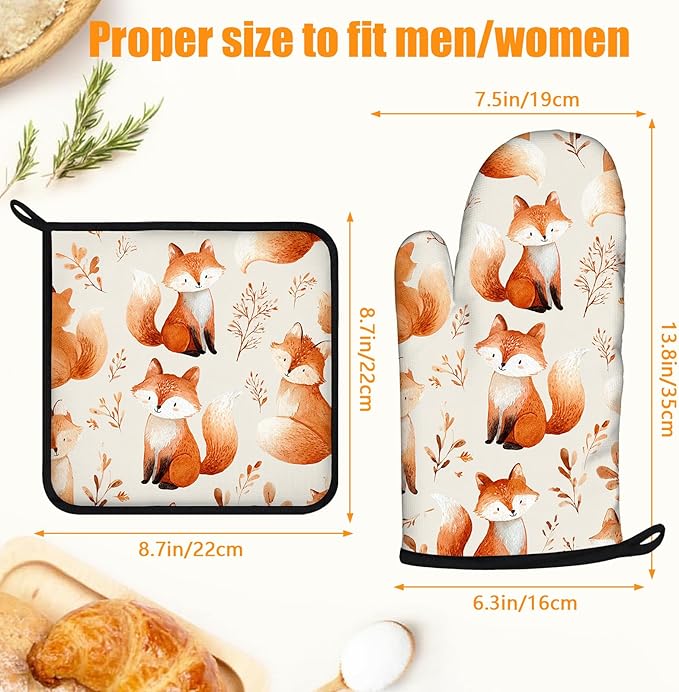 Cute Fox Oven Mitts and Pot Holders Sets 4Pcs Silicone Non-Slip Mitts Heat Resistant Gloves Hot Pads for Kitchen Cooking Baking Grilling BBQ