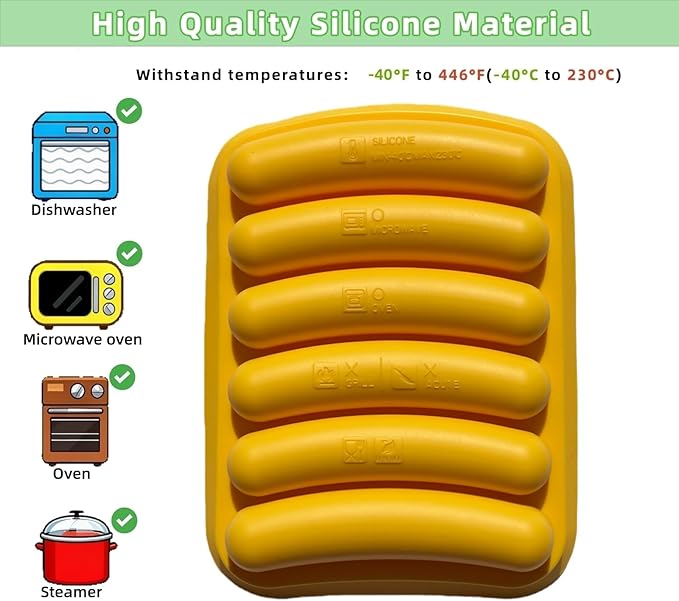 2 Pcs Silicone Sausage Mold with a Set of Silicone Brush Spatula and 25x Pastry Bags,Non-Stick Hot Dog Bun Pan,DIY Handmade Ham Sausage,Hot Dogs Baking Mold for Children's Food with Lid(Yellow/2)