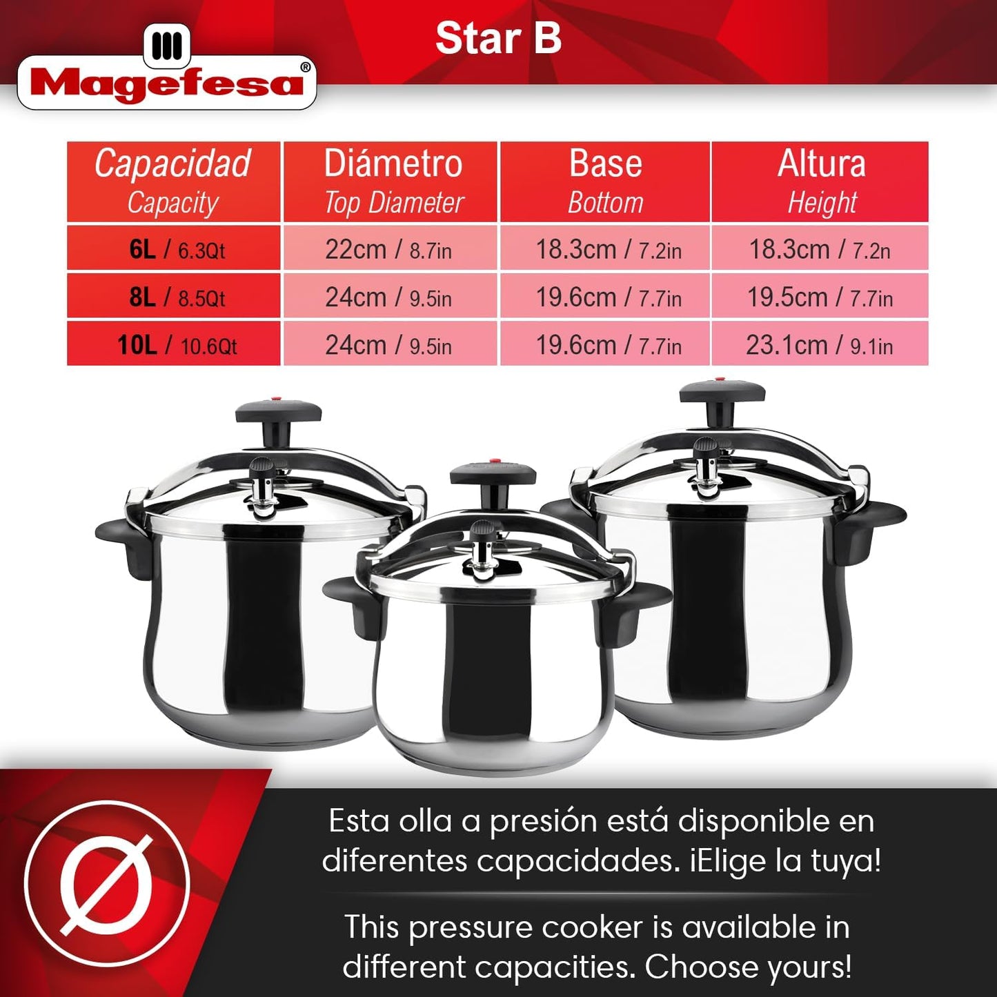 MAGEFESA Star Belly Pressure Cooker 6.3 Qt – 18/10 Stainless Steel, Rounded Bottom, 3 Safety Systems, Works on All Stovetops Including Induction, 8 PSI