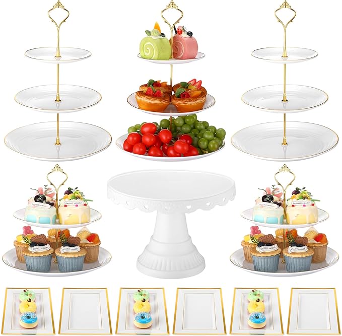 Willinglong 12 Pcs Dessert Table Display Stand Set Include 5 Cupcake Stand Holder Tier Tower 1 Cake Stand 6 Serving Tray Combo for Party Birthday Baby Shower Wedding(Round)