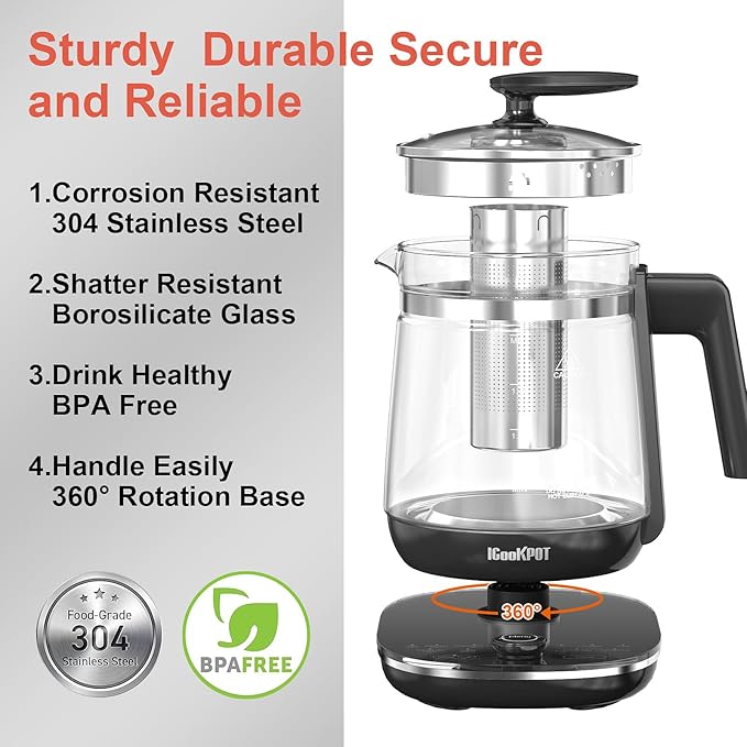 1200w Electric Kettle, 1.5L Borosilicate Glass tea kettle, Hot water kettle electric for Coffee or Tea, BPA Free, Auto Shut-Off, Stainless Steel, Fast Boil, Black