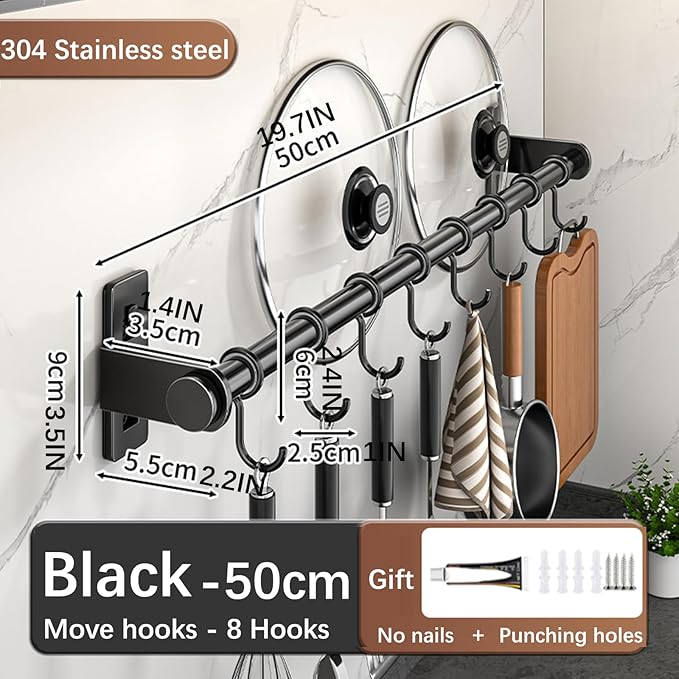 Hanging Wall Mount knife Wall Mount, Kitchen Organizer Storage Shelf for Utensils Spatula Spoon, Space-Saving Knife Rack with Hooks,Wall-Mounted Utensil Holder (Black, 50CM+Single Pole+8Hooks)