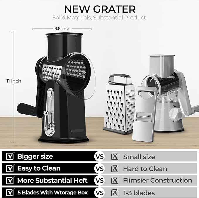 SUSTEAS Rotary Cheese Grater with Handle - Vegetable Shredder with 5 Well-designed Blades & Strong Suction Base,Round Mandoline Slicer & Food Chopper for Kitchen,with Blade Storage Box(Black)