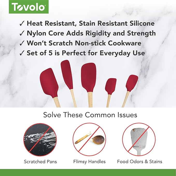 Tovolo Silicone Spatula with Wooden Handle Set of 5 Piece Silicone Kitchen Utensil Set Spoonula Jar Scraper Mini Spatula and Spoonula for Cooking Baking Mixing Folding Cayenne Red