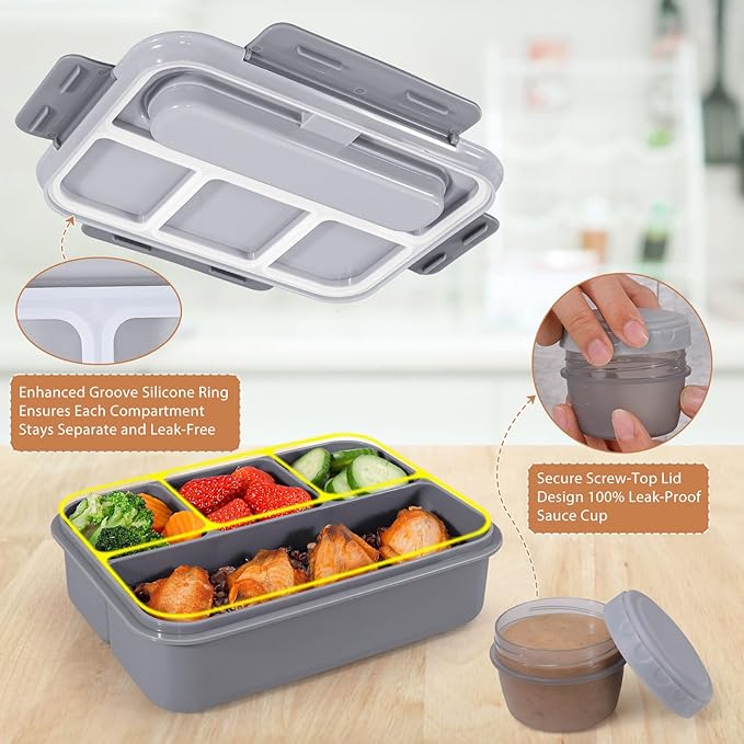 Caperci Bento Box Adult - 50 oz Large Lunch Containers for Adults and Teens, 4-Compartment Bento Lunch Box with Utensils & Leak Proof Sauce Cup, Dishwasher Safe, Durable, BPA-Free (Gray)