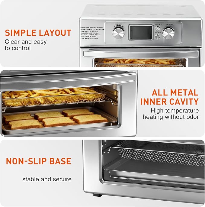 OLIXIS Air Fryer Toaster Oven Combo Extra Large, 23QT Convection Oven Countertop 4 Functions in 1, 4 Accessories Included, Stainless, Up to 450°F