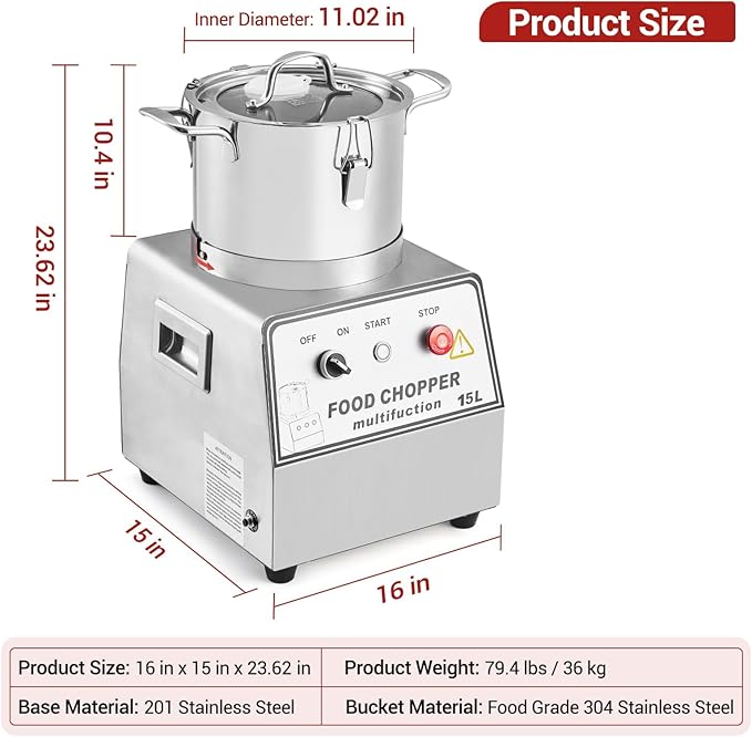 1400W Stainless Steel Commercial Food Processor, 63 Cup (16QT) Capacity, Electric Chopper & Meat Grinder for Vegetables, Nuts, Mixing, Blending, Durable Pro Kitchen Food Processing Machine