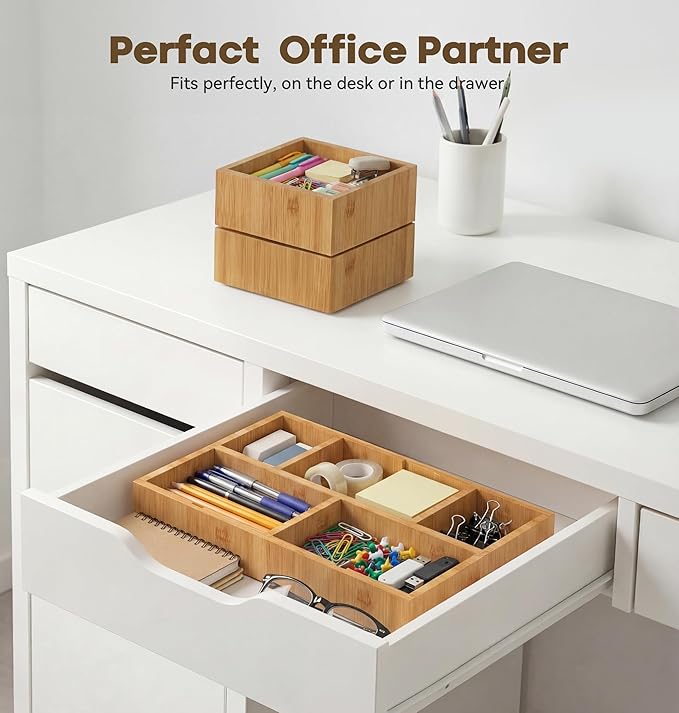 KOCWELL Bamboo Desk Drawer Organizer with Removable Dividers,Multi-Use Office Drawer Organizer Tray,Junk Drawer Organizers for Office,School,Kitchen,Makeup Supply（Original）