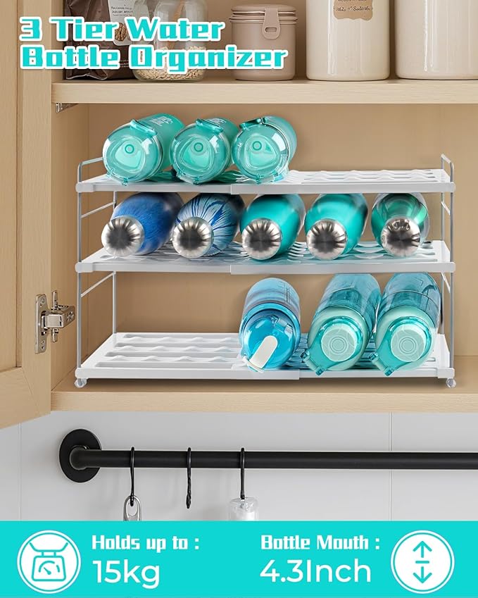 Cirhy Adjustable Water Bottle Organizer Holder for Cabinet, 3-Tier Expandable Water Bottle Storage Rack for Tumblers, Travel Mugs, and Cups – Kitchen Pantry Organization and Storage for Stanley Cups