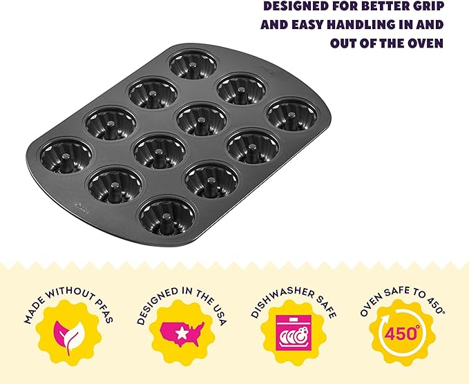 Wilton Gold Non-Stick Bakeware Mini Fluted Pan - Baking Pan for Mini Bundt Cakes, Donuts & More - Made Without PFAS & Scratch Resistant - Offers Even Heat Distribution - 16.5 x 11 Inch, 12-Cavity