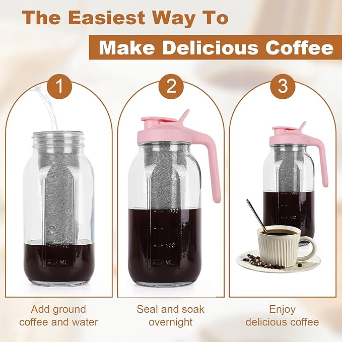 Cold Brew Coffee Maker，64 oz Wide Mouth Mason Jar Pitcher with Stainless Steel Filter, Pour Spout Handle Lid, Heavy Duty Glass Airtight & Leak-Proof for Iced Coffee & Tea Lemonade-Pink