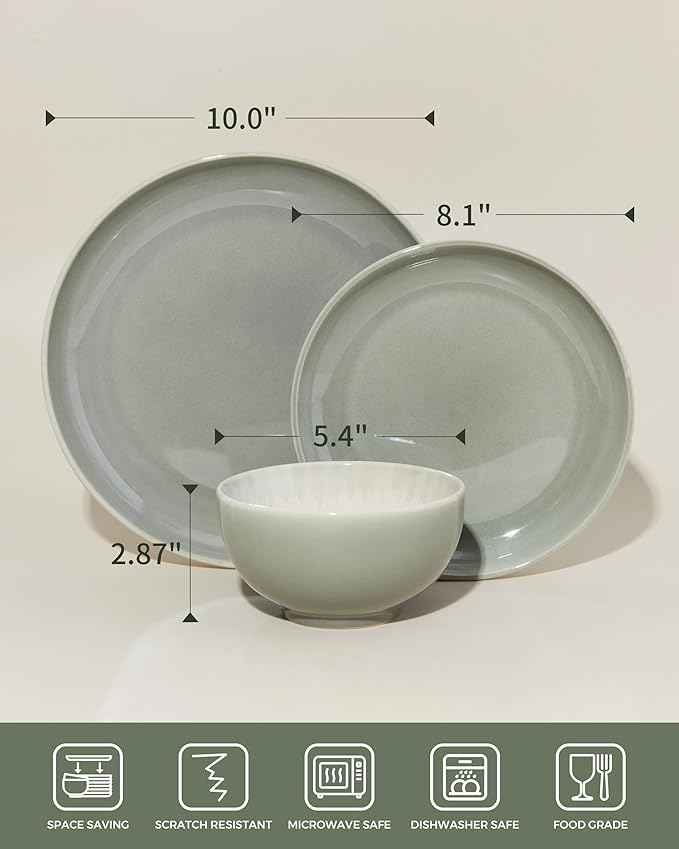 Stoneware Dinnerware Sets for 6, Microwave Safe Plate and Bowl Set, Easy to Clean & Durable Dishes Sets for Small to Medium Families, Gray Green