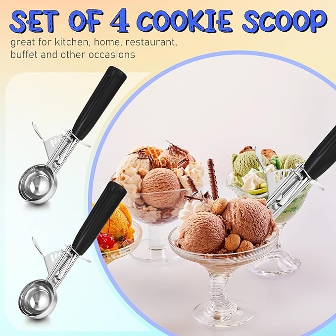 Reallnaive 4 Pcs Release Cookie Scoops Ice Cream Scooper with Trigger Release Portion Scoop Stainless Steel for Portion Control, Baking Food, Cookie Dough (1 oz,Black)