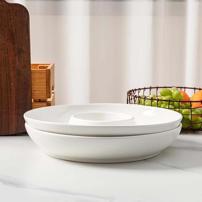 LEHAHA Ceramic Chips and Dip Serving Tray, 12 Inch Large Divided Bowls Set for Salsa, Veggies & Dip, Appetizers, Snacks, Serving Dish Platter for Parties Hosting & Entertaining. Set of 2, white