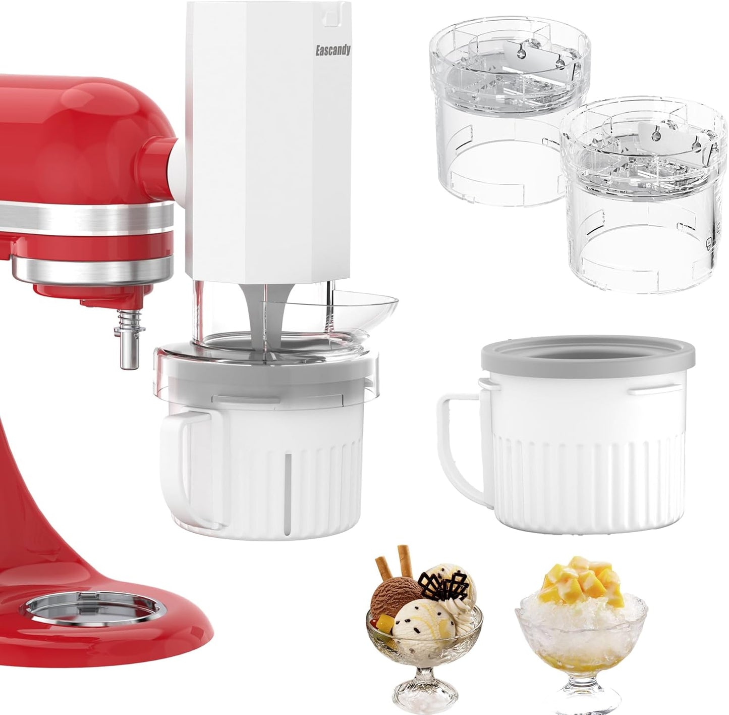 Shaved Ice Attachment and 2 Pack Ice Cream Maker Attachment Set Fit for KitchenAid Stand Mixer, BPA-Free, Compact Size Easy Store In The Freezer