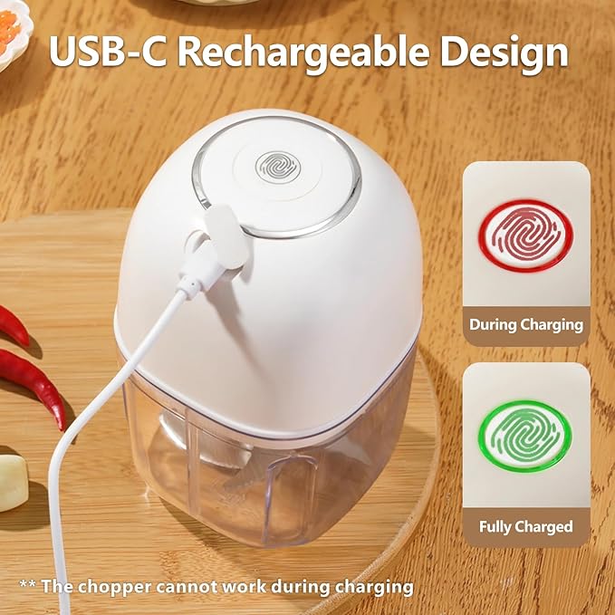 Wireless Food Chopper Mini, 350ml Cordless Food Processor, 1.4Cup Garlic Onion Chopper, Battery USB-C Rechargeable Electric Processor, Veggie Meat Blender, Small Kitchen Appliance, Mom's Gift, White