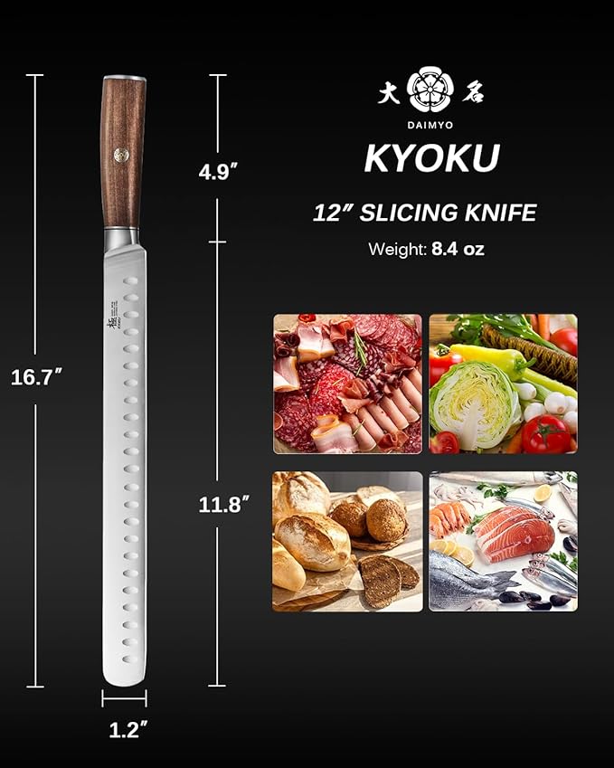 KYOKU 12" Slicing Knife, Daimyo Series Brisket Knife for Meat Cutting with Rosewood Handle, Japanese Style 440C Stainless Steel Meat Carving Knife for BBQ Turkey Ham Rib Roast with Sheath and Case