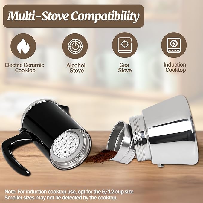 4 Cup Thickened Moka Pot 304 Stainless Steel 200ml Italian Espresso Coffee Maker Stovetop CoffeeMakers Mocha Pot Percolator for Induction Stove Classic Cafe Makers Portable for Easy Brewing